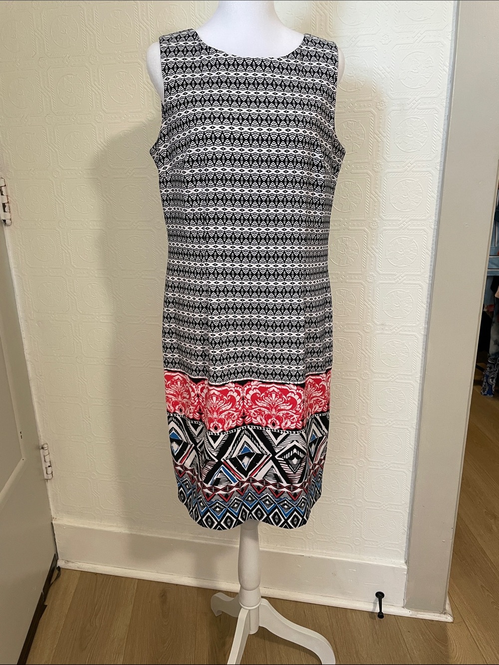 Mario Serrani Black, White & Red Geometric Midi Dress